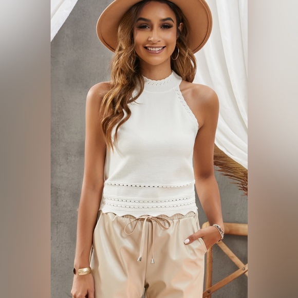Tops - Scalloped Openwork Grecian Neck Tank